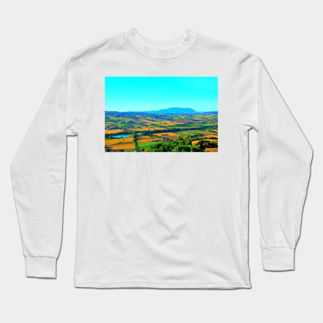 Scene in Montelupone with Marche landscape, various fields, a body of water, human settlement and Monte Conero Long Sleeve T-Shirt by KristinaDrozd